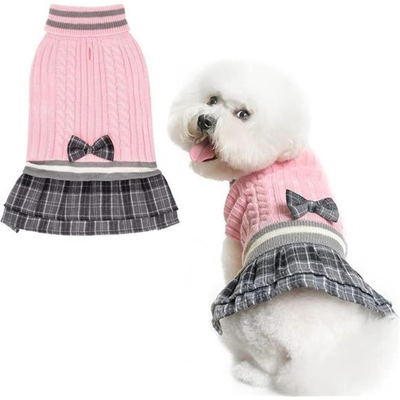 NEW Dog Sweater Dress with Bowtie -Cold Weather Christmas Sweater wth Leash Hole - Picture 1 of 7